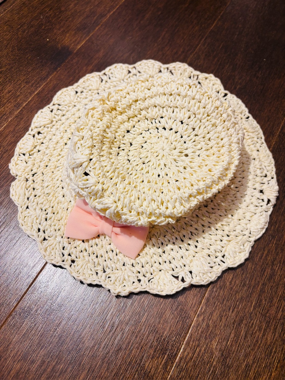 Japan baby girl Cream Crochet Sun Hat with Pink Bow/ 3-5 yrs